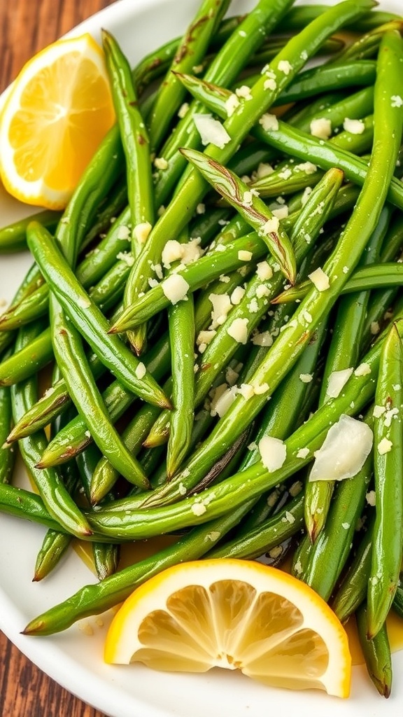 Oven-Roasted Green Beans Recipe Oven-roasted green beans with garlic and Parmesan cheese on a wooden table.